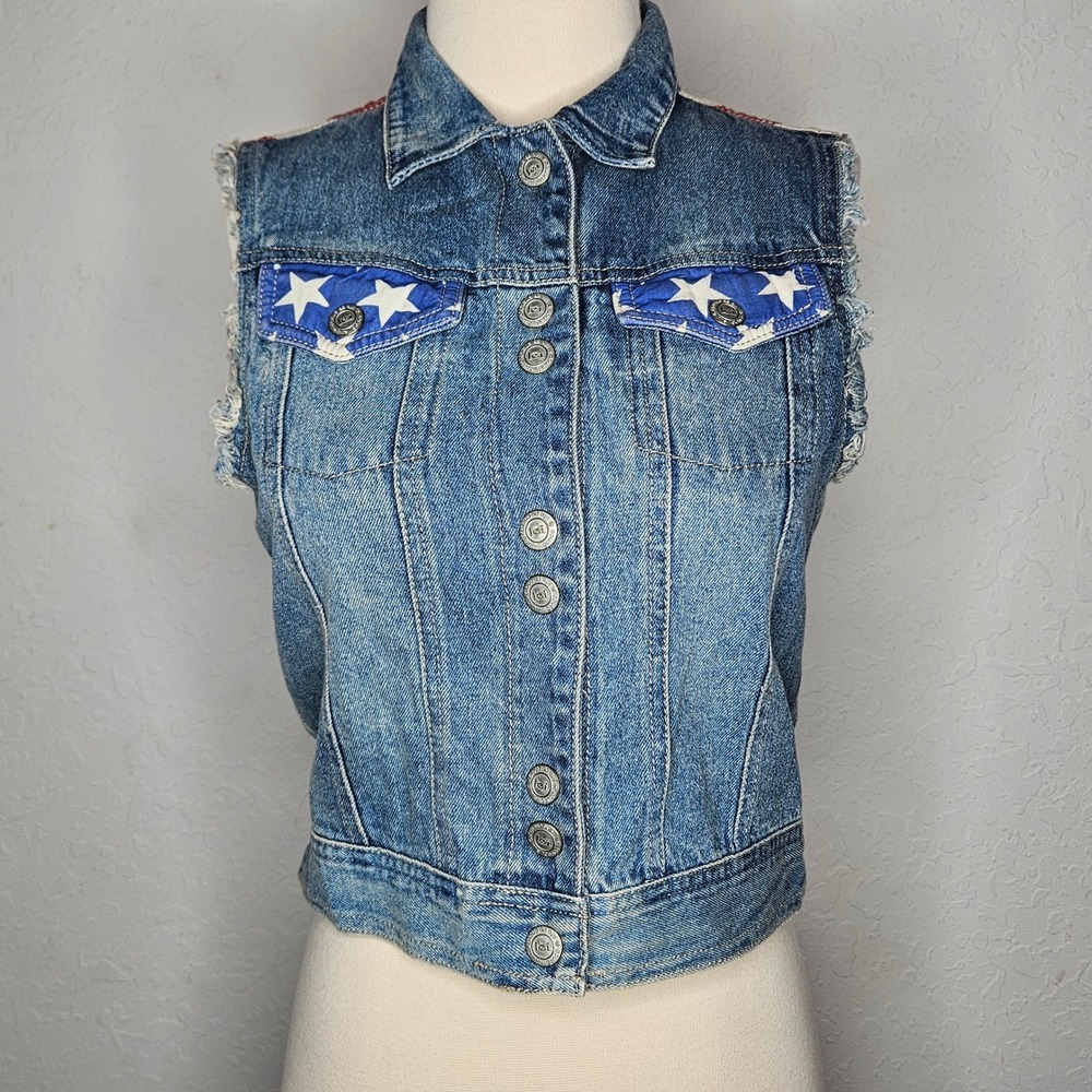 Lei Denim Sleeveless Vest Stars Stripes Americana Western Festival Y2K S